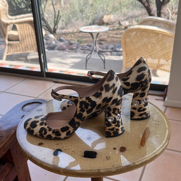 Miu Miu Leopard Mary Jane’s with Rhinestone Embellished Heels - Picture 1 of 7